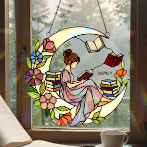 Book and Flower Stained Glass Suncatcher Acrylic Window Hanging, Just A Girl Who Loves Books, Gift For Book Lover, Readers, Librarian Gift