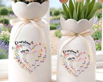 Personalized Mom Grandma Heart Flower Vase, Family Birth Flower Vase, Mum and Nana Generations Gift, Mother's Day Gift Vase with kids Names