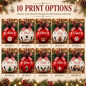Personalized Christmas tree bell ornament with printed name and festive icon