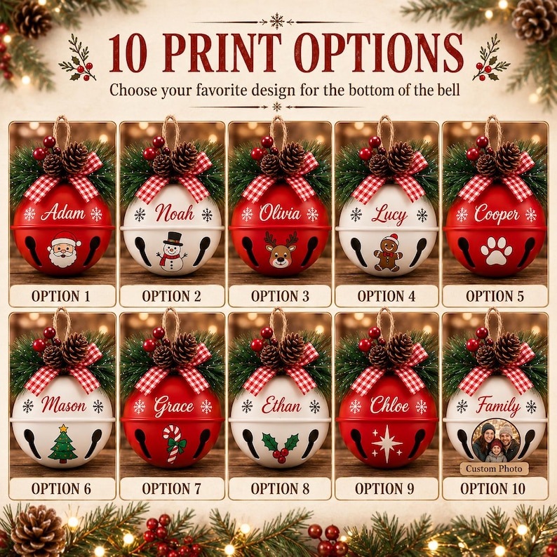 Personalized Christmas tree bell ornament with printed name and festive icon