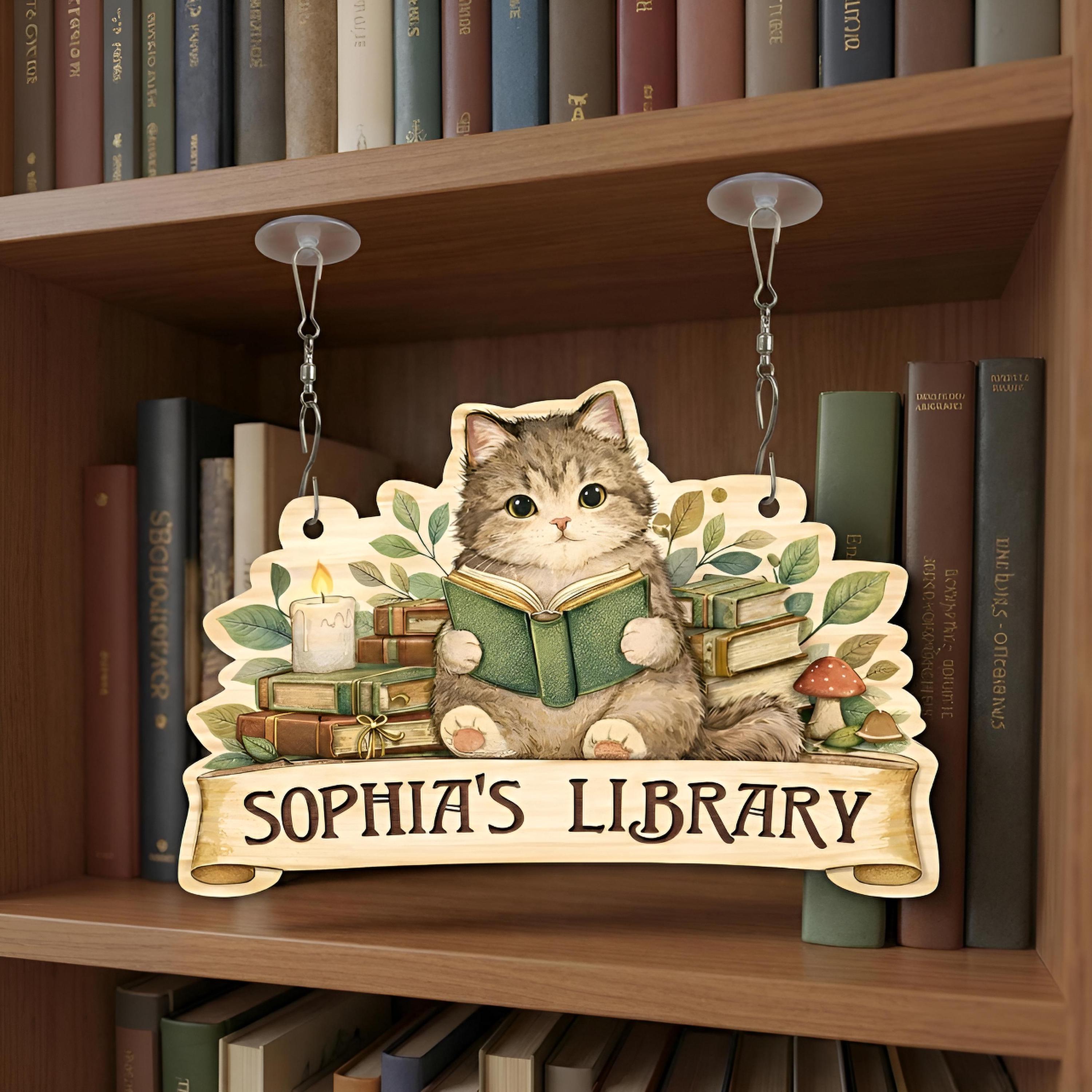 Reding Books Sign Custom Cat Reading Book Sign, Personalized Library Sign, Book Lovers ...