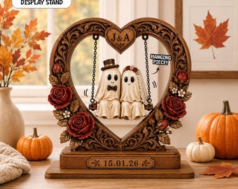 Personalized Wooden Ghost Couple Swing Sign, Halloween Spooky Bride Groom Decor Halloween Couple Gifts