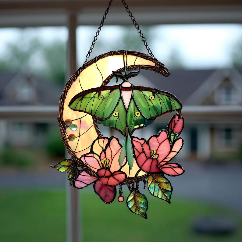 May include: Stained glass suncatcher featuring a green moth with yellow eye spots, set against a crescent moon. Pink and orange flowers and green leaves surround the moon. The suncatcher hangs from a metal chain.