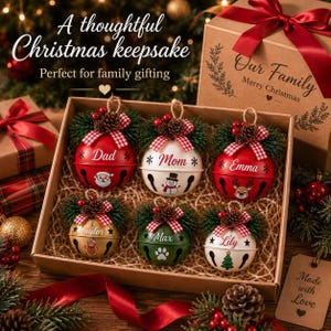 May include: A set of six round metal jingle bell ornaments in a cardboard gift box. Each ornament features a name, a holiday graphic, a red and white checkered bow, pine needles, and a small pinecone. The box lid reads Our Family Merry Christmas.