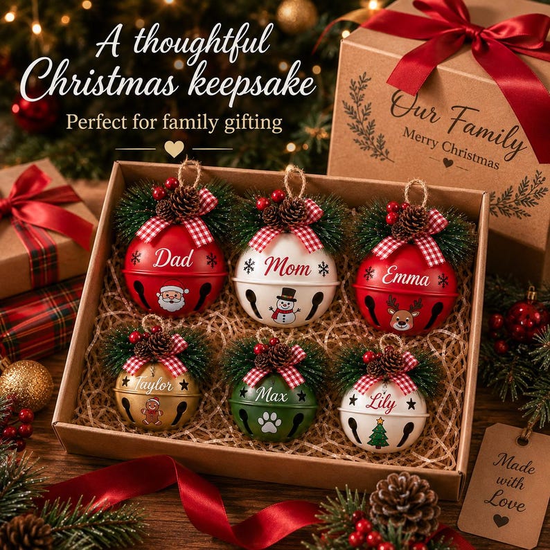 May include: A set of six round metal jingle bell ornaments in a cardboard gift box. Each ornament features a name, a holiday graphic, a red and white checkered bow, pine needles, and a small pinecone. The box lid reads Our Family Merry Christmas.