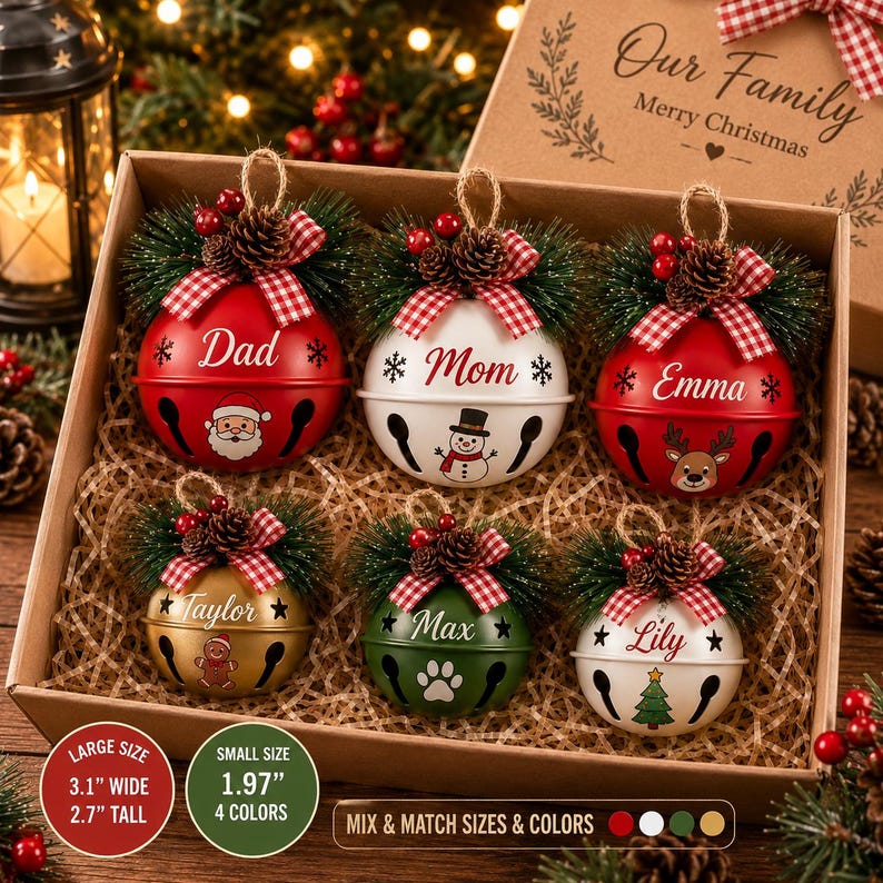 May include: A set of six round metal jingle bell ornaments in a cardboard box. Each ornament features a name, a holiday graphic, a red and white checkered bow, pine needles, and a pinecone. The large size is 3.1 inches wide and 2.7 inches tall.
