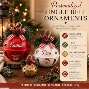 May include: Three round jingle bell ornaments in red, white, and gold, each featuring a name, a festive icon, a red and white checkered bow, pine needles, and small pinecones. Text includes Personalized Jingle Bell Ornaments, custom names, and size details like 3.1 inches wide by 2.7 inches tall for large ornaments and 1.97 inches for small ones.