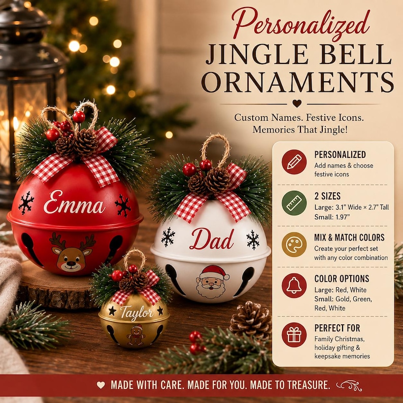 May include: Three round jingle bell ornaments in red, white, and gold, each featuring a name, a festive icon, a red and white checkered bow, pine needles, and small pinecones. Text includes Personalized Jingle Bell Ornaments, custom names, and size details like 3.1 inches wide by 2.7 inches tall for large ornaments and 1.97 inches for small ones.