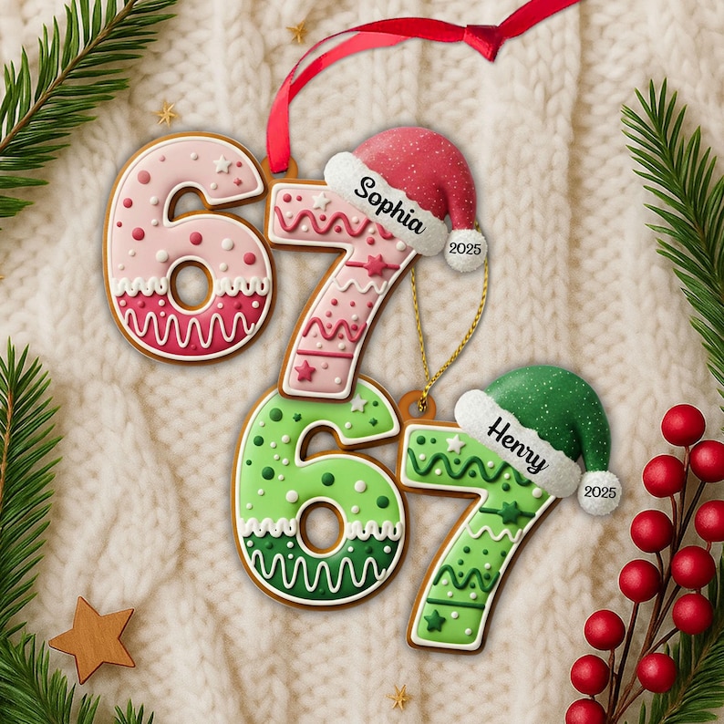 May include: Gingerbread-style Christmas ornaments shaped like the numbers 6 and 7. One ornament is pink with white and red details, the other is green with white details. Each has a Santa hat with a name and the year 2025.