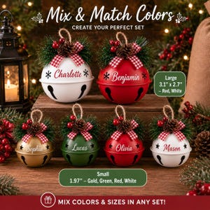 May include: Six round metal jingle bell ornaments in white, red, gold, and green, each topped with a pine sprig, pinecone, red berries, and a red-and-white gingham bow. The bells feature personalized names and snowflake accents.
