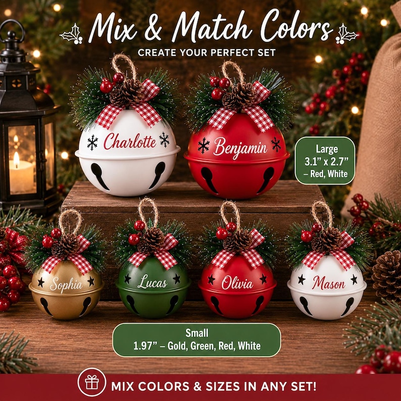 May include: Six round metal jingle bell ornaments in white, red, gold, and green, each topped with a pine sprig, pinecone, red berries, and a red-and-white gingham bow. The bells feature personalized names and snowflake accents.