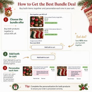 May include: An instructional graphic titled How to Get the Best Bundle Deal, showing steps to purchase personalized jingle bell ornaments and embroidered Christmas stockings together for a 40% discount, featuring product images and cart buttons.