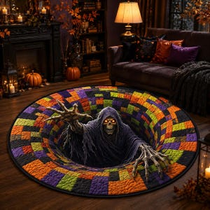 May include: A round area rug featuring a 3D optical illusion of a dark abyss. A skeletal figure with glowing yellow eyes and long, bony hands emerges from the center. The border consists of a quilted pattern of orange, purple, and black squares.