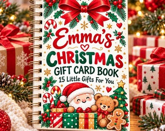 May include: A spiral-bound notebook with a white cover featuring a large red bow, holly, and the text Emma's CHRISTMAS GIFT CARD BOOK 15 Little Gifts For You. The design includes a Santa Claus, a teddy bear, and a gingerbread cookie.