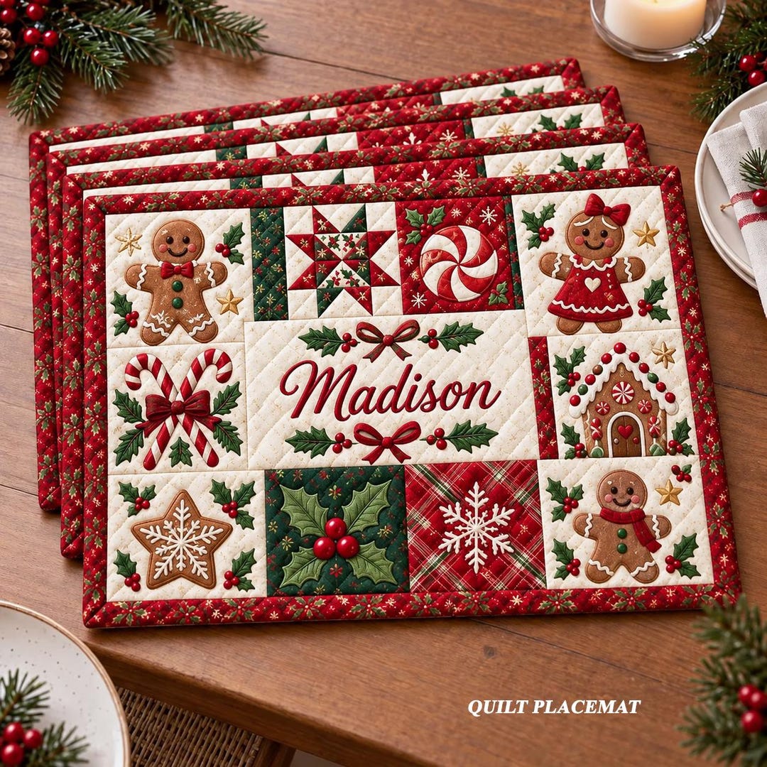 Table Top Custom Mat Personalized Christmas Quilt Placemat, Custom Name Gingerbread Table ...