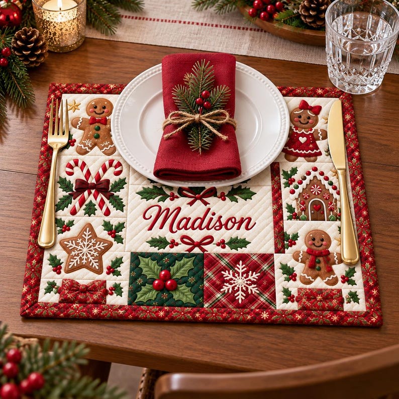 Table Top Custom Mat Personalized Christmas Quilt Placemat, Custom Name Gingerbread Table ...