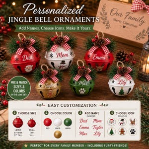May include: Personalized jingle bell ornaments in red, white, green, and gold. Each metal bell features a name, a holiday icon, a red and white checkered bow, pine needles, and pinecones. A customization chart shows size options of 3.1 inches wide by 2.7 inches tall or 1.97 inches tall.