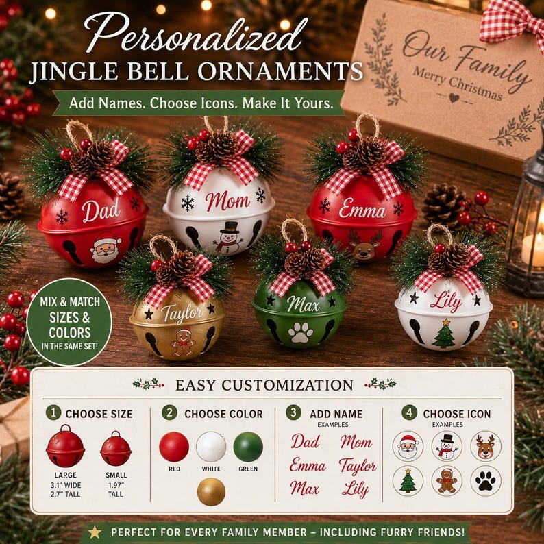 May include: Personalized jingle bell ornaments in red, white, green, and gold. Each metal bell features a name, a holiday icon, a red and white checkered bow, pine needles, and pinecones. A customization chart shows size options of 3.1 inches wide by 2.7 inches tall or 1.97 inches tall.