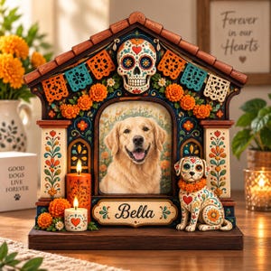 May include: A decorative wooden memorial shrine featuring a central portrait of a golden retriever, a sugar skull motif, and a plaque reading Bella. The structure is adorned with orange marigolds, colorful papel picado, and two lit candles.