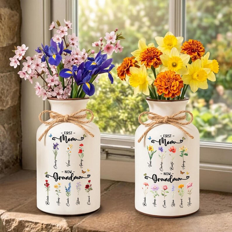 Custom First Mom Now Grandma Flower Vase, Birth Month Flower Vase ...