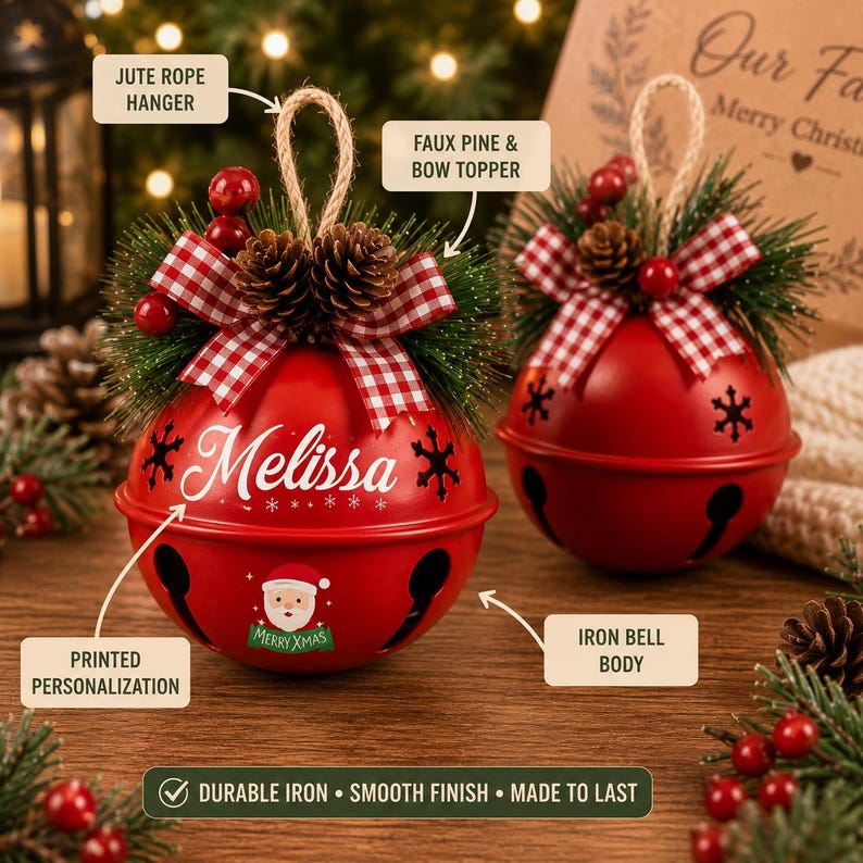May include: Two red iron jingle bell ornaments featuring a jute rope hanger, a faux pine and pinecone topper, and a red and white gingham bow. One bell is personalized with the name Melissa and a Santa graphic with the text Merry Xmas.