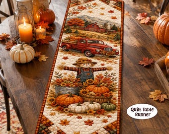 Quilted Autumn Table Runner Floral Decor, Autumn Thanksgiving Gift, Rustic Farmhouse Table Runner, Halloween, Dinner Table, Pumpkin Flower