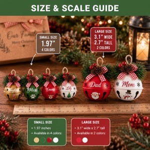 Custom name jingle bell ornament with red white green and gold color options