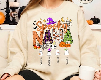 Custom Halloween Spooky Mama Shirt with Kids Name Sweatshirt, Halloween Mom Shirt, Halloween Grandma Sweatshirt, Spooky Season Gift