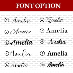 May include: A chart titled FONT OPTION displaying ten numbered black text samples of the name Amelia in various typefaces. Each entry features a unique script or serif style, arranged in two columns of five, set against a white background.