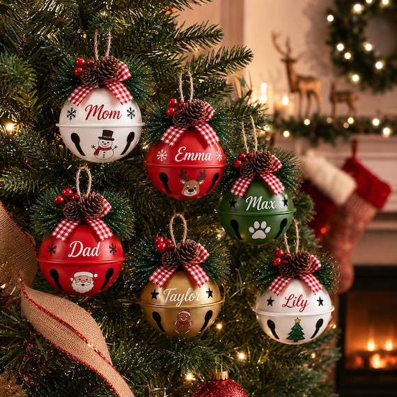 Personalized Family Jingle Bell Ornament Set with Names, Christmas Tree Decor, Christmas Gifts for Mom, Presents for Grandma