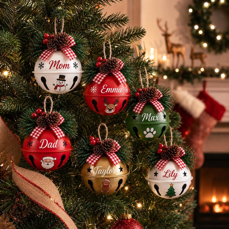 Six personalized Christmas jingle bell ornaments with custom family names and festive icons displayed in a gift box with pinecones, greenery and red gingham bows.