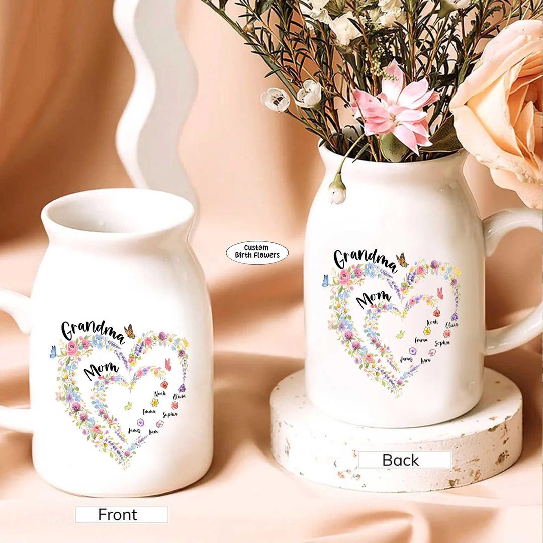 Personalized Grandma Mom Ceramic Flower Vase, Custom Floral Heart Vase ...