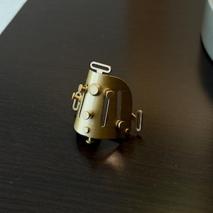 May include: A brass-colored steampunk-style ring with rivets and a hinged design. The ring has a curved shape with several circular and rectangular cutouts. The ring is designed to be worn on a finger.