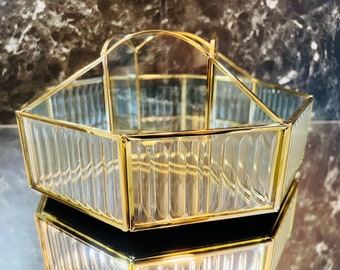 Rotating Glass Makeup Organizer | Premium Glass w/ Brass Edges | Luxury Cosmetics Storage Carousel | Elegant Vanity Display