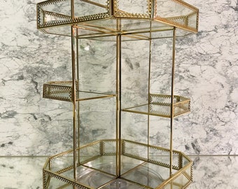 Rotating Glass Makeup Organizer: Brass Edged Vanity Carousel