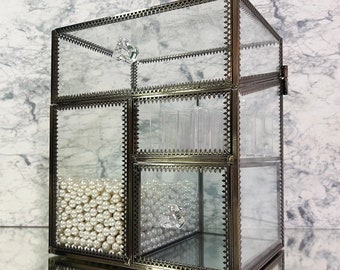 Personalized Glass Makeup Organizer | Premium Tempered Glass w/ Bass Edge | Antique Cosmetic Display Box | Free pearls/dividers included