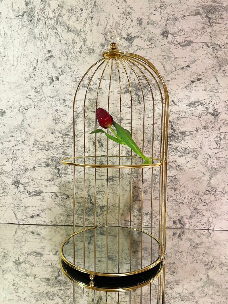 May include: A gold-colored, birdcage-shaped decorative shelf with two circular glass shelves. A single red tulip rests on the top shelf. The shelf has a rounded top and a black base.