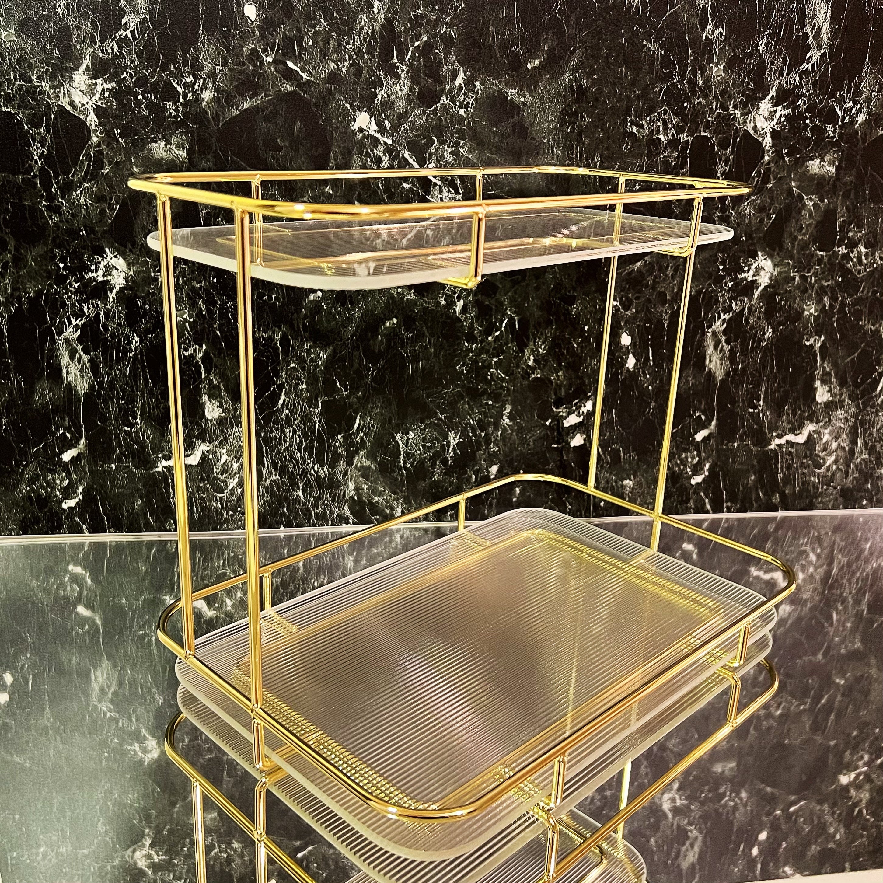 Glass Makeup Organizer: Gold Stainless Steel Frame Vanity Tray