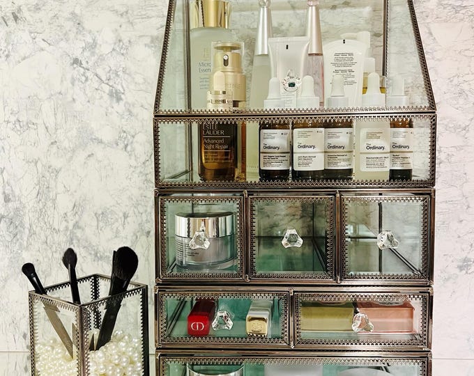 Personalized Glass Makeup Organizer: Stackable Brass Frame with Tempered Glass