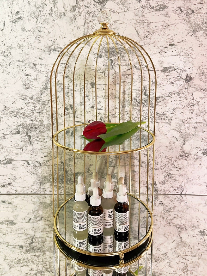 May include: A gold-colored, three-tiered decorative shelf with mirrored surfaces. The top shelf holds a red tulip and green leaves. The bottom shelves display several skincare product bottles. The shelf has a birdcage-like design.
