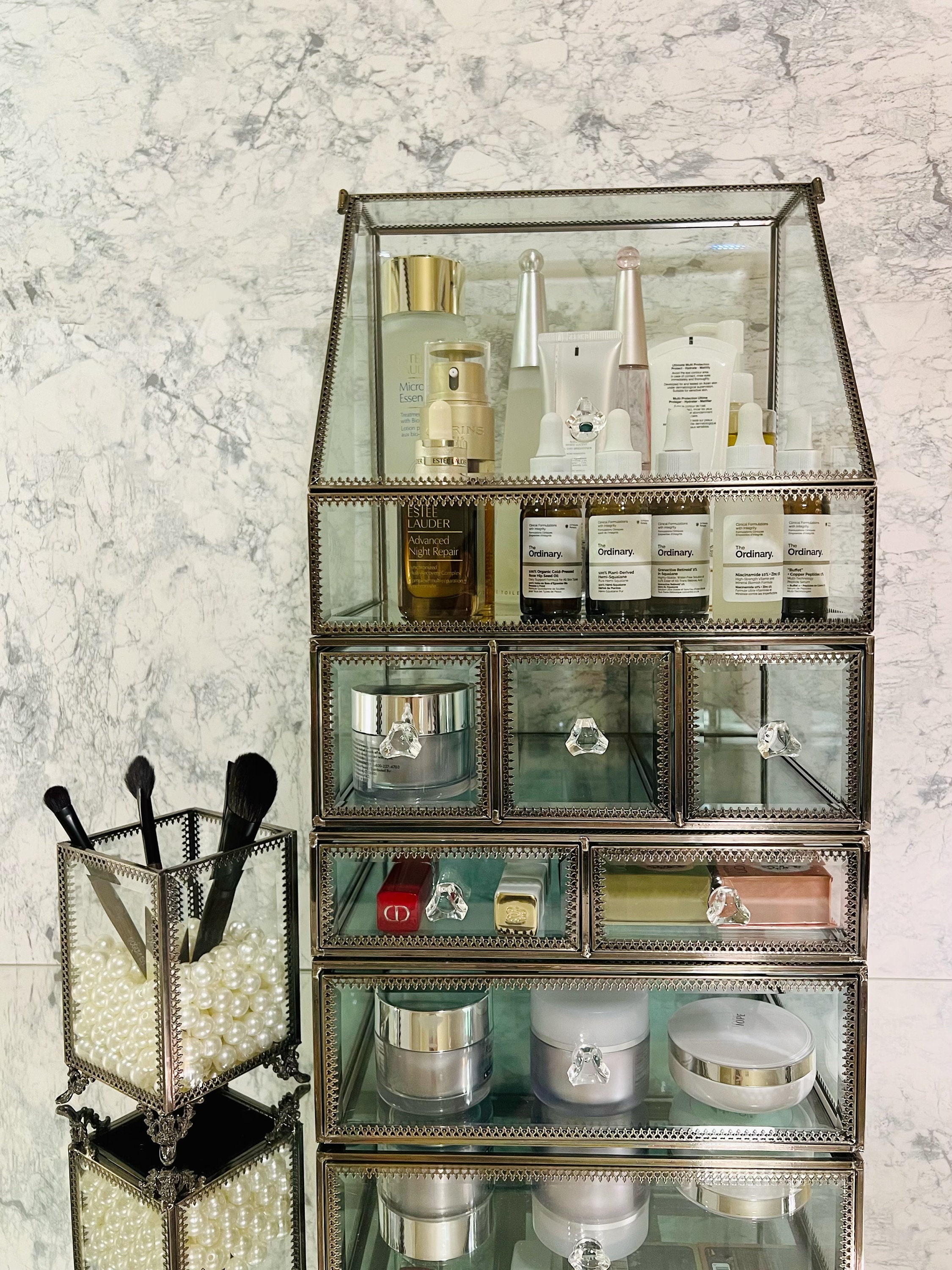 Personalized Glass Makeup Organizer Stackable Antique Makeup Storage Box  Premium Tempered Glass W/ Beveled Edge Brass Framed Showcase 