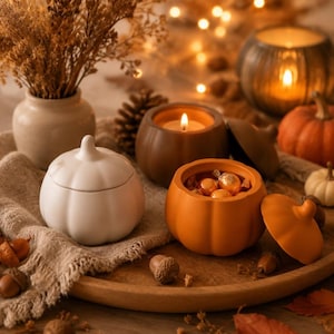 Peut inclure: Une nature morte sur le thème de l'automne avec des récipients en forme de citrouille et des bougies. Un pot blanc en forme de citrouille avec un couvercle est posé à côté d'un récipient orange ouvert en forme de citrouille rempli de bonbons dorés. Des glands et des feuilles d'automne complètent l'arrangement.