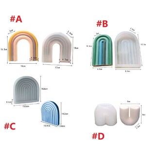 May include: Four silicone molds for making rainbow-shaped candles. The molds are in different sizes and shapes, including a single arch, a double arch, and a triple arch. The molds are made of clear silicone and are easy to use. #A, #B, #C, and #D are labeled on the image.