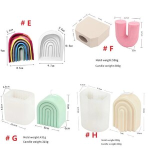 May include: Set of six silicone candle molds for making rainbow arch candles. The molds are in various sizes and shapes, including a single arch, a double arch, and a cylindrical mold. The molds are shown with finished candles in pink, green, and beige.