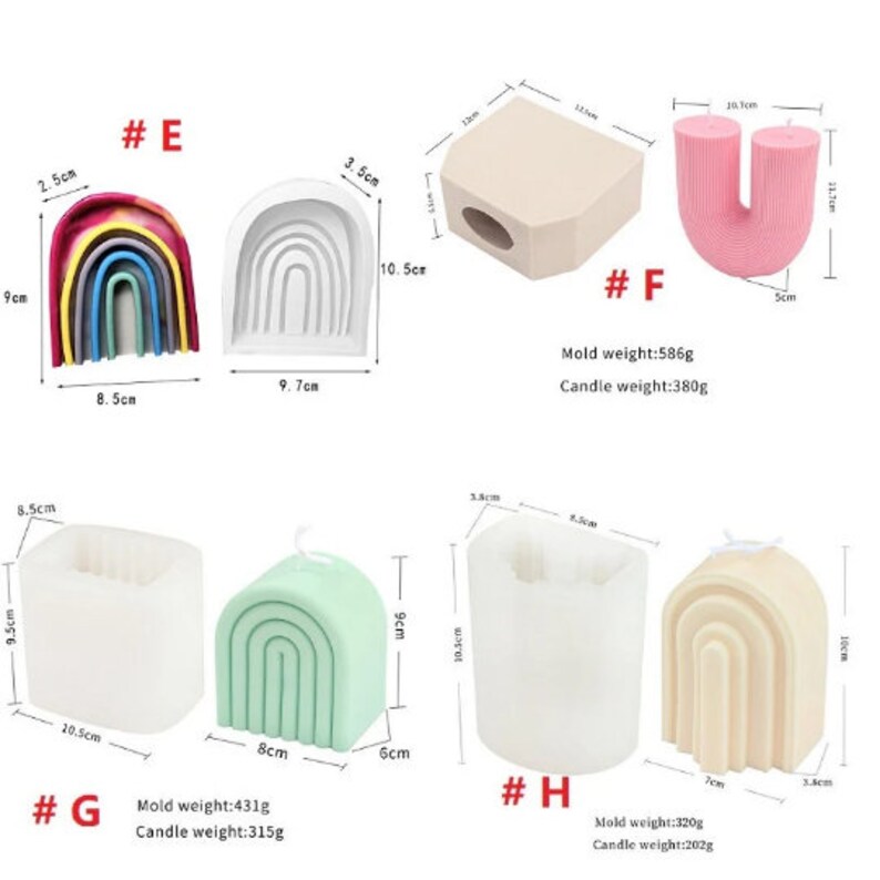 May include: Set of six silicone candle molds for making rainbow arch candles. The molds are in various sizes and shapes, including a single arch, a double arch, and a cylindrical mold. The molds are shown with finished candles in pink, green, and beige.