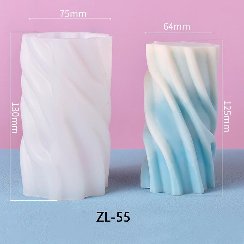 May include: Two silicone candle molds, one white and one blue with a gradient effect. The molds are shaped like a twisted cylinder. The white mold is 7.5 inches tall and 5.1 inches wide. The blue mold is 4.9 inches tall and 2.5 inches wide. The molds are labeled "ZL-55".