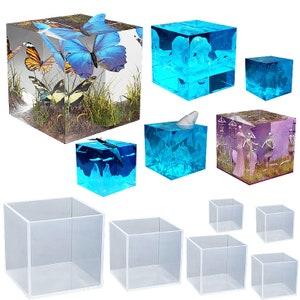 Peut inclure: Plusieurs cubes en résine transparente avec des motifs intégrés. Certains cubes présentent des papillons, de la vie marine et des squelettes. D'autres cubes sont vides et transparents.