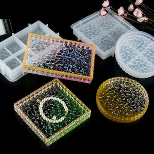 Resin Crystal Diamond Tray Mold ,Round Rectangle Round Epoxy Resin Concrete Cement Gypsum Terrazzo Jewelry Storage Tray Silicone Molds