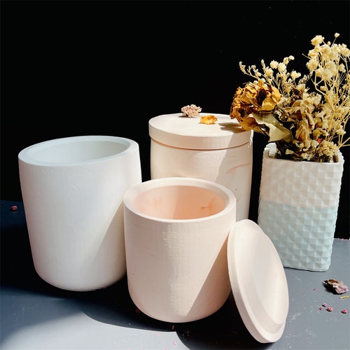 Round Concrete Candle Vessel Molds With Lid Mold Silicone Etsy