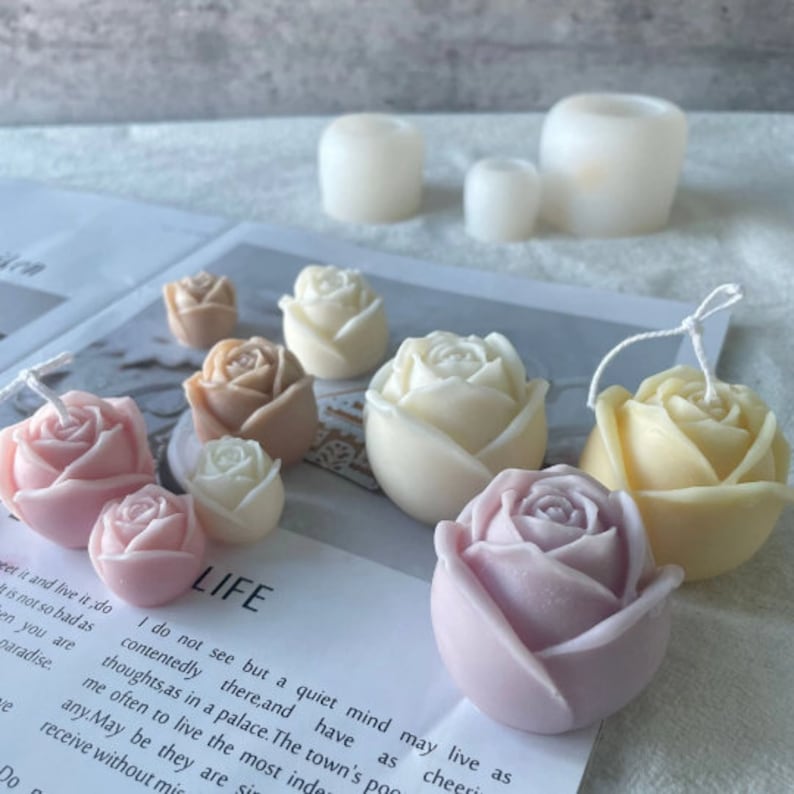 3D-rosblomma-ljusform, hartsrosform, silikon DIY-handgjord tvålljus chokladform godistillverkningsform, blomljusform bild 3